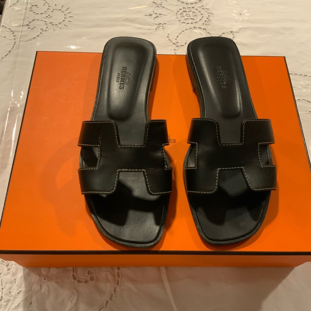 Hermes Black Leather Oran Slide Loafers